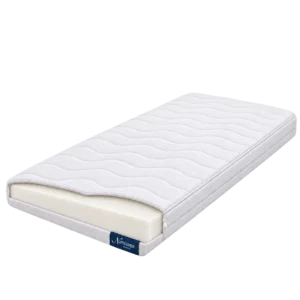 Nirwana topdekmatras 6 cm met geopende witte golvende hoes, zichtbare schuimkern en blauw Nirwana Bedden-label
